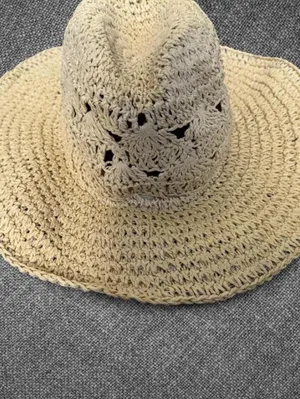 Women’s Beige Crochet Paper Straw Wide Brim Sun Hat thumbnail 3