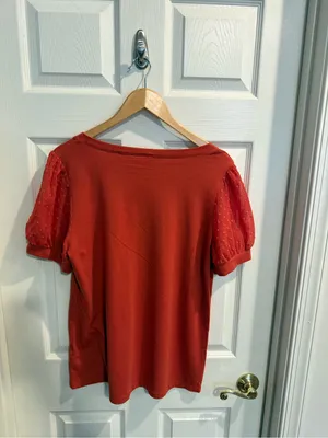 Women’s Orange V-Neck Swiss Dot Short Sleeve Tee thumbnail 5