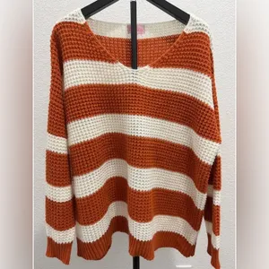 NIP Pink Lily Orange Cream Striped Sweater Size XL V Neck Oversized Cozy Knit thumbnail 2