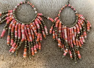 Pink/Gold Seed Beaded Earrings Bohemian Long Drop Dangle Jewelry. thumbnail 2