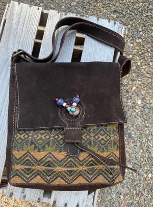Handmade Malqui Equador Woven‎ Wool Brown Suede Leather Crossbody Shoulder Bag thumbnail 1