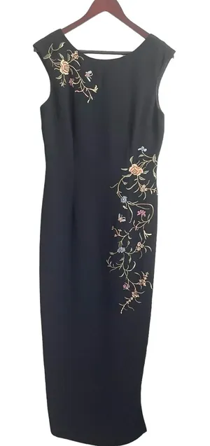 Maggie London Women Cottage Floral Maxi Dress 10 Black Embroidered Sheath‎ Boho thumbnail 1