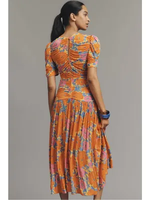 ANTHROPOLOGIE Farm Rio Short Sleeve Ruched Midi Dress Tropical Floral Size M NEW thumbnail 3