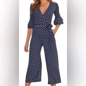 Venus Wide Leg Belted Jumpsuit Sz L Navy White Polka Dot Wrap Bust SS Cropped thumbnail 2
