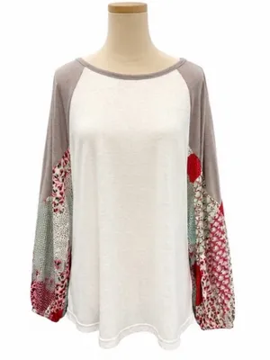 Easel Mixed Media Raglan Top Boho Patchwork Sleeve White Gray Size Medium thumbnail 1