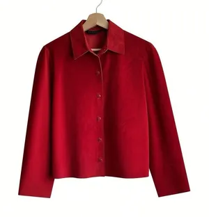 VTG Express Suede Leather Button Front Shirt S Y2K Red Western Grunge thumbnail 1