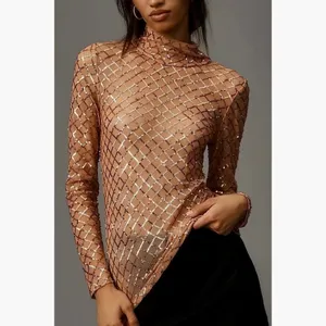 NWT!! Anthropologie PILCRO Turtleneck Sequin Top Shirt Bronze Party Glam X-Small thumbnail 5