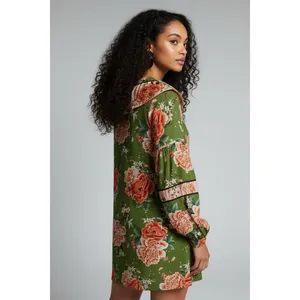 FARM Rio Anthropologie Elinor Tunic Dress Green‎ & Pink Floral Ruffle Size M thumbnail 2