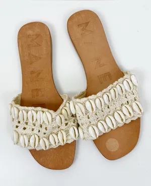 MANEBI Yucatan Raffia Sandals Crochet Shell Leather Slide Tan Size 10 thumbnail 1