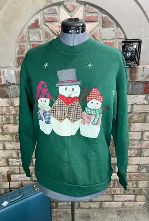 sweatshirt Vintage 1980s appliqué snowmen green red Christmas thumbnail 1