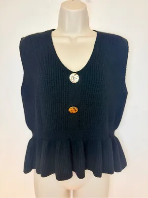 Commence Black Ribbed Knit Peplum Vest Top Size M Gold Buttons Sleeveless thumbnail 3