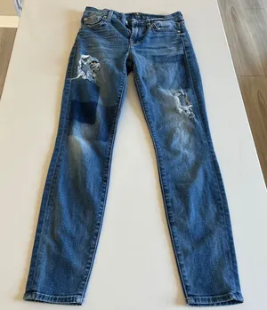 7 For All Mankind Womens Distressed Skinny Jeans Blue Denim Size 24 Ripped Patch thumbnail 1