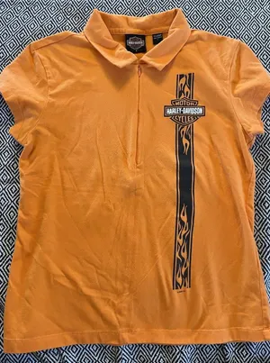 Harley Davidson Women’s Front Garage Shirt 1/4 Zip Orange Shirt Biker Size Large thumbnail 1