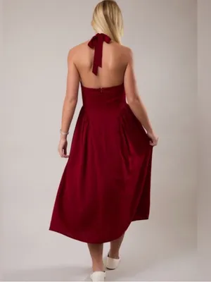 NEW Le Lis Burgundy Halter Midi Dress with Lace Trim – Small thumbnail 4