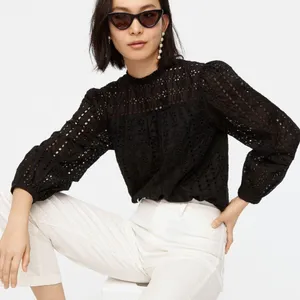 J. Crew Women's Tie Back Top in Black Cotton Ditsy Eyelet Mock Neck - Sz XS thumbnail 1
