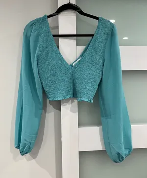 Reign The Label Teal Smocked V-Neck‎ Balloon Sleeve Crop Top Small Blue Boho thumbnail 1