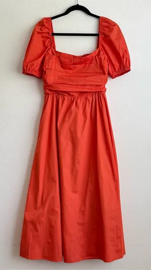 o.p.t. Square Neck Puff Sleeve Midi Dressu in Bright Orange thumbnail 1