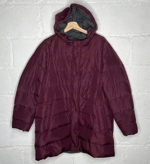 J.Jill Women’s Long Hooded Down Puffer‎ Coat Burgundy Size Large thumbnail 1
