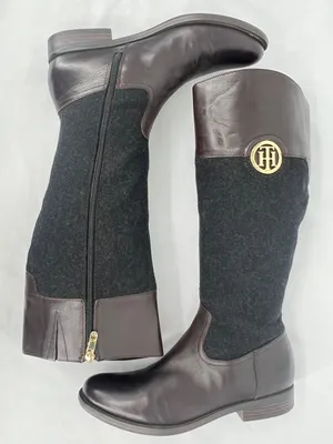 Tommy Hilfiger Madelen 2 Brown Leather Charcoal Wool Gold Logo Riding Boots 9.5 thumbnail 4