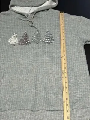 Women's XL Grey Quilted Waffle Christmas Tree Hoodie Holiday Pullover Sweatshirt thumbnail 4