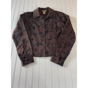 AT Vintage Denim Brown Floral Flocked Velvet Print Trucker Jacket Womens XS thumbnail 2