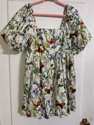 Avec Les Filles Butterfly Botanical Puff Sleeve Mini Dress White Size M NEW thumbnail 1