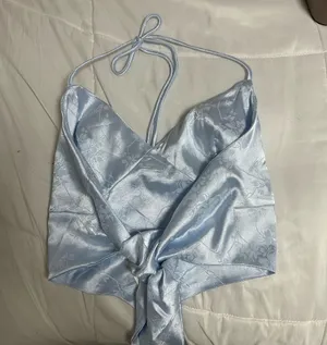Windsor Baby Blue Halter Tie Back Floral Satin Top thumbnail 2
