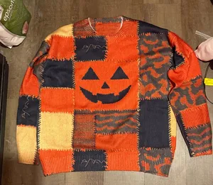 SHEIN Patchwork Pumpkin Sweater - Orange and Black thumbnail 1
