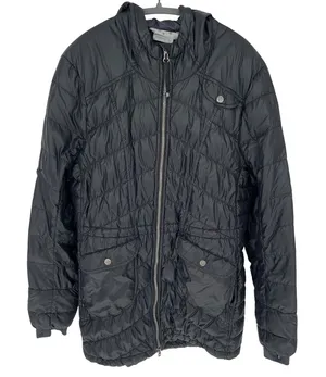 Athleta Goose Down Jacket Black XL‎ Hooded Packable Puffer GUC Mended Hole thumbnail 1