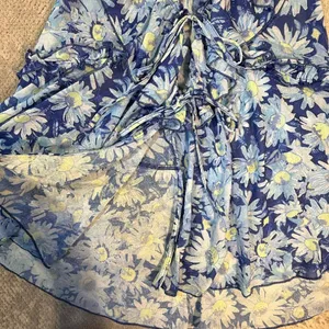 Free People Fearless Tank Blouse Blue Floral Ruffle Tie Front Sheer Peplum Med # thumbnail 6