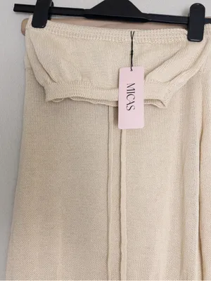 NWT [SET] Micas Knit Fringe Maxi Skirt M Beige Tassel Sheer Slit Bandeau Top thumbnail 9