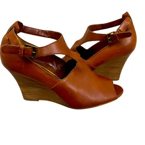Ralph Lauren Hannie Brown‎ T Strap Peep Toe Wedge Sandals Leather Sz 8.5 thumbnail 2