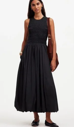 Madewell The Melody Bubble-Hem Smocked Midi Dress in Poplin Size XXS thumbnail 1