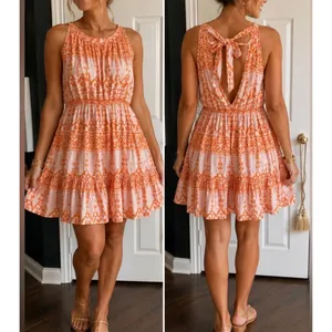 BTFBM Orange Pink boho dainty coastal resort Halter Open Back Mini Dress Large y thumbnail 2