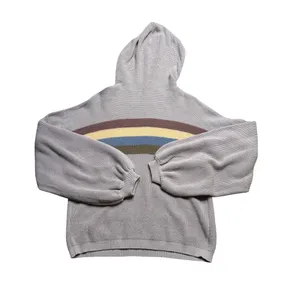 ✨🌈‎ FATE Hooded Knit Sweater Rainbow Stripe Taupe Hoodie M 🌈✨ thumbnail 4