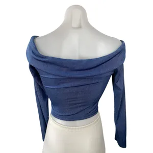Edikted Women's Blue Off The Shoulder Knit Long Sleeve Blouse Crop Top Size S thumbnail 4