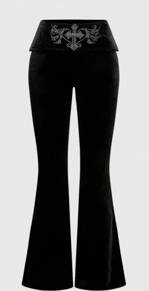 Black Velvet Flare Pants Y2K Bling L thumbnail 1