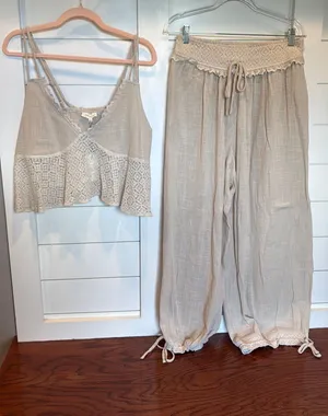 2 piece pant set Tan Size L top M pants thumbnail 1