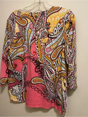 Chico’s Chicos Womens Top Blouse Size 1 M Medium 40” Boho Paisley Pink Yellow thumbnail 6