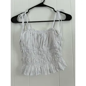 Kittenish Smocked Ruffle Crop Top White XS Tie Shoulder‎ thumbnail 4