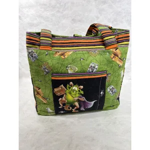 Vintage Handmade Halloween Goblin Wizard Tote Bag Green Orange Striped Spooky thumbnail 3