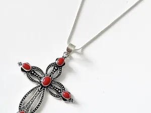 925 Sterling Silver Coral Cross Necklace Gemstone womens jewerly thumbnail 3