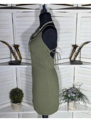 Y2K mini dress sage green crocheted cotton boho fairy backless festival grunge L thumbnail 4