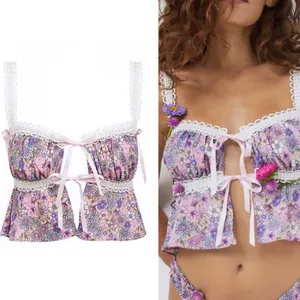 FOR LOVE & LEMONS Willow Multi Floral Bow Tie Ribbon Bow Coquette Top Purple XL thumbnail 2