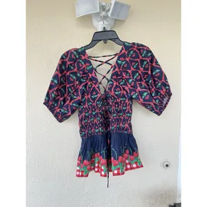 Damson Madder Allegra Cherry Pie Smocked Peplum Top UK 14 US 10 Puff Sleeve Tea thumbnail 7