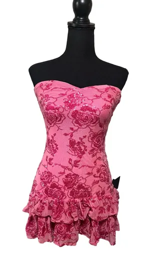 Lulus Pink Floral Sequin Strapless Tiered Ruffle Mini Dress XS NWT Homecoming thumbnail 1