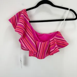 Trina Turk Marai Swim Top One Shoulder Ruffle Pink Striped Padded Beach US 4 NWT thumbnail 5