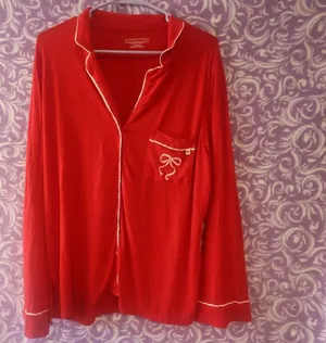 Victoria's Secret modal blend bow pj pajamas button down top with pocket Christmas long sleeve in red size large. thumbnail 1