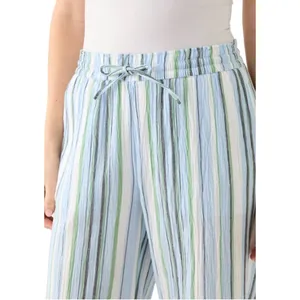 Wonderly Womens Cotton High Rise Tie Waist Ankle Pants Blue Green Striped XL thumbnail 3