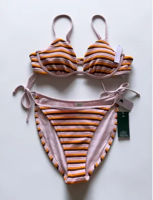 Wild Fable Pink Orange Striped Underwire Bikini Set‎ High Leg Terry Swimsuit M thumbnail 1